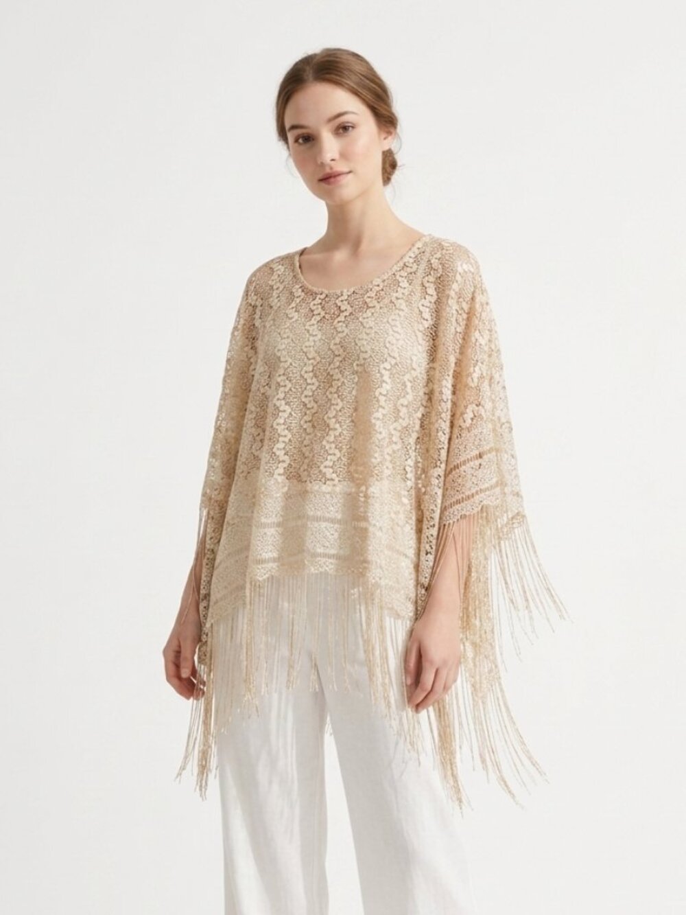 Maggie Barnes Shawl Cape Cream Lace Fringe Bohemian Sheer OSFA